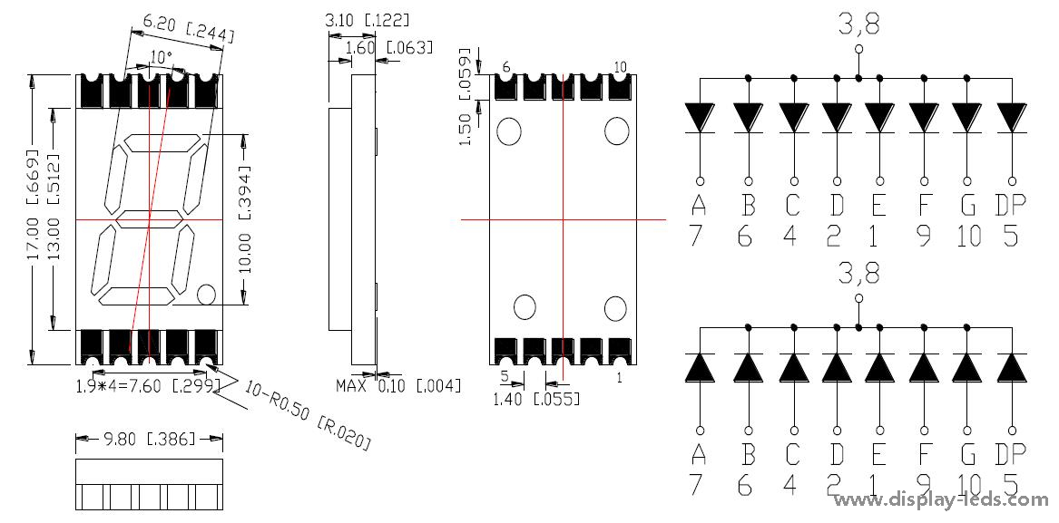 0,39 Zoll einstelliges 7-Segment 3,1 mm ultradünnes SMD-Display