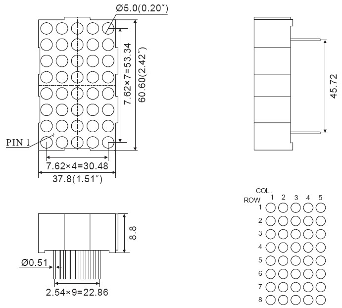 2,3 Zoll 5x8 zweifarbige LED-Punktmatrix